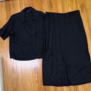 Black Linen Two-Piece Skirt and Blouse Set